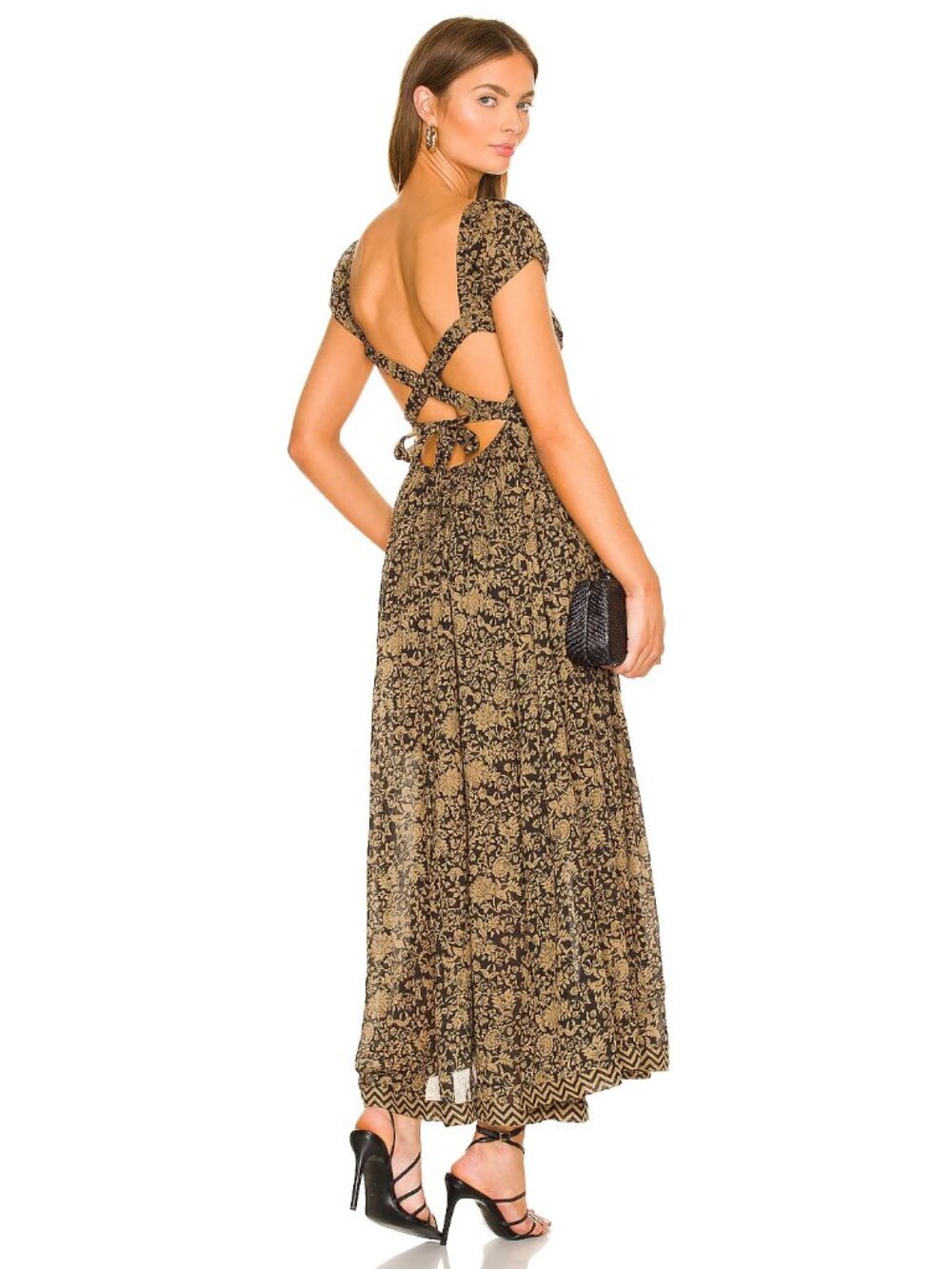 NWT Free People UltraViolet Maxi in Black Brown Floral Combo Cotton Dress M